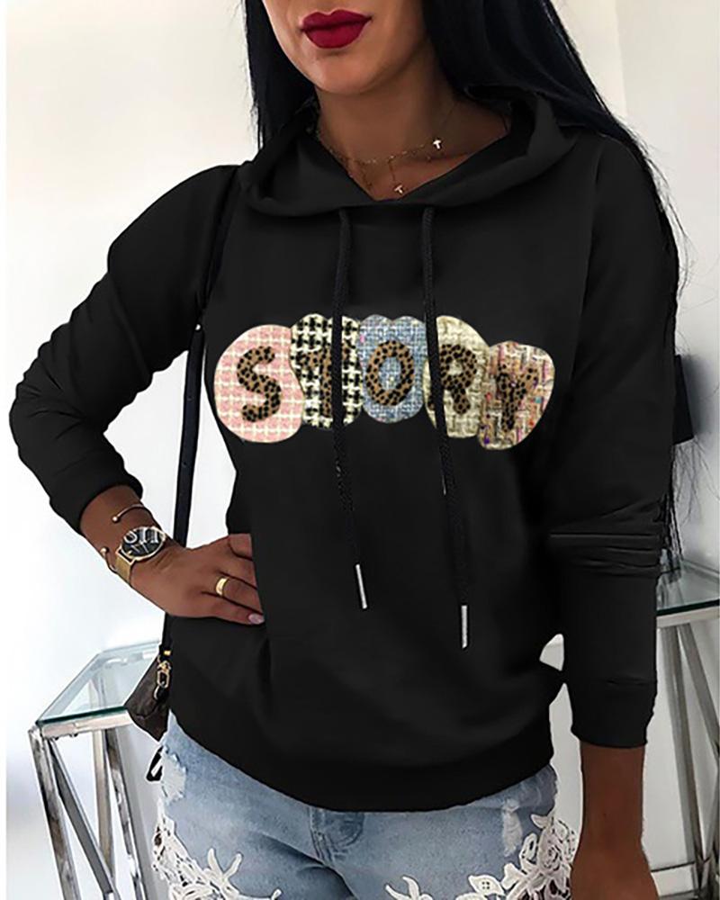 

Letter Pattern Long Sleeve Casual Hooded Sweatshirt, Black