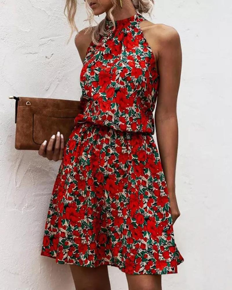 

Floral Print Halter Sleeveless Casual Dress, Red