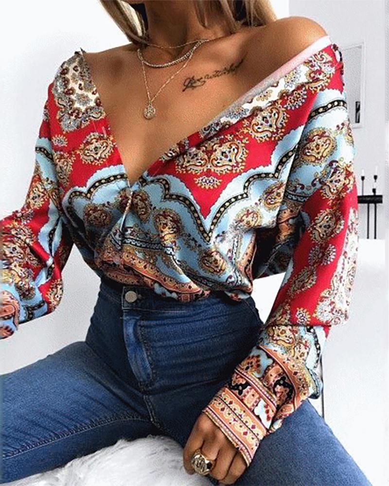 

Colorblock Retro Print Casual Shirt, Red