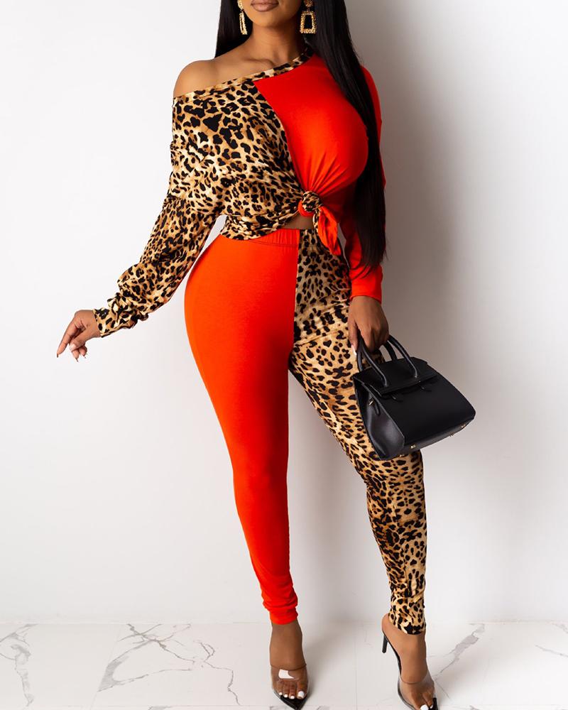 

Colorblock Leopard Print Skew Neck Top & Pant Sets, Orange