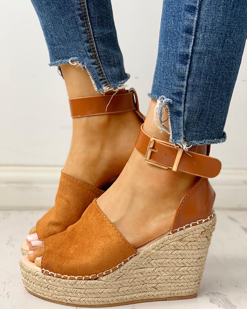 

Ankle Buckled Espadrille Wedge Sandals, Coffee