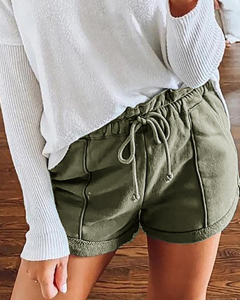 

High Waist Frill Hem Drawstring Pockets Casual Shorts, Army green