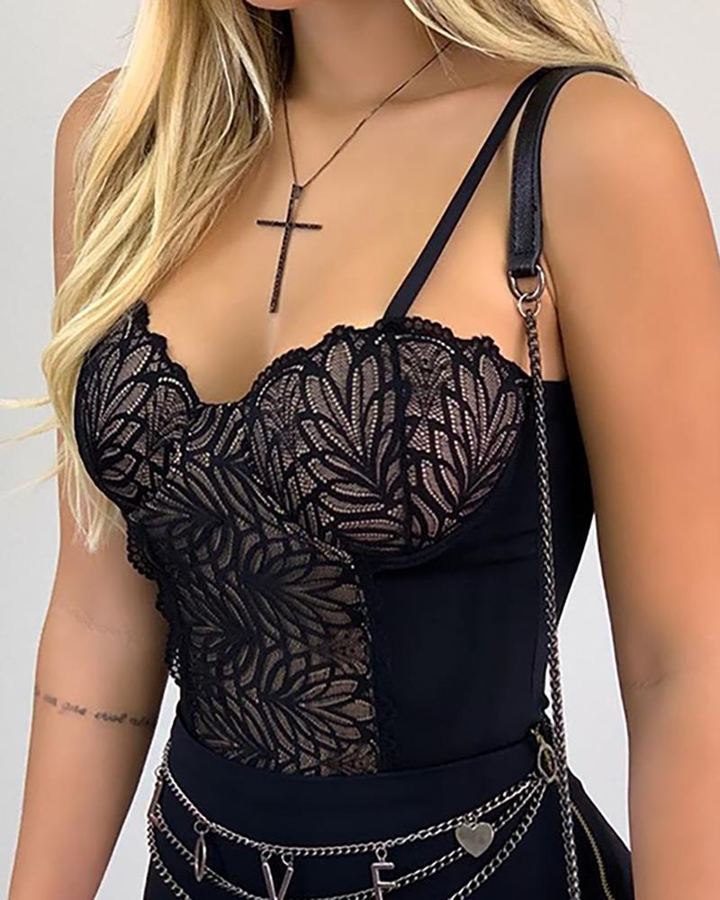 

Spaghetti Strap Crochet Lace Top, Black