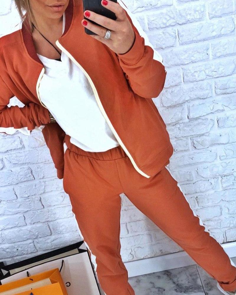 

Colorblock Tape Insert Zipper Design Jacket & Pants Sets, Orange