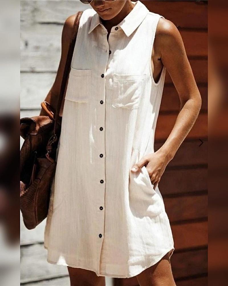 

Buttoned Pocket Design Sleeveless Shirt Dress, Beige