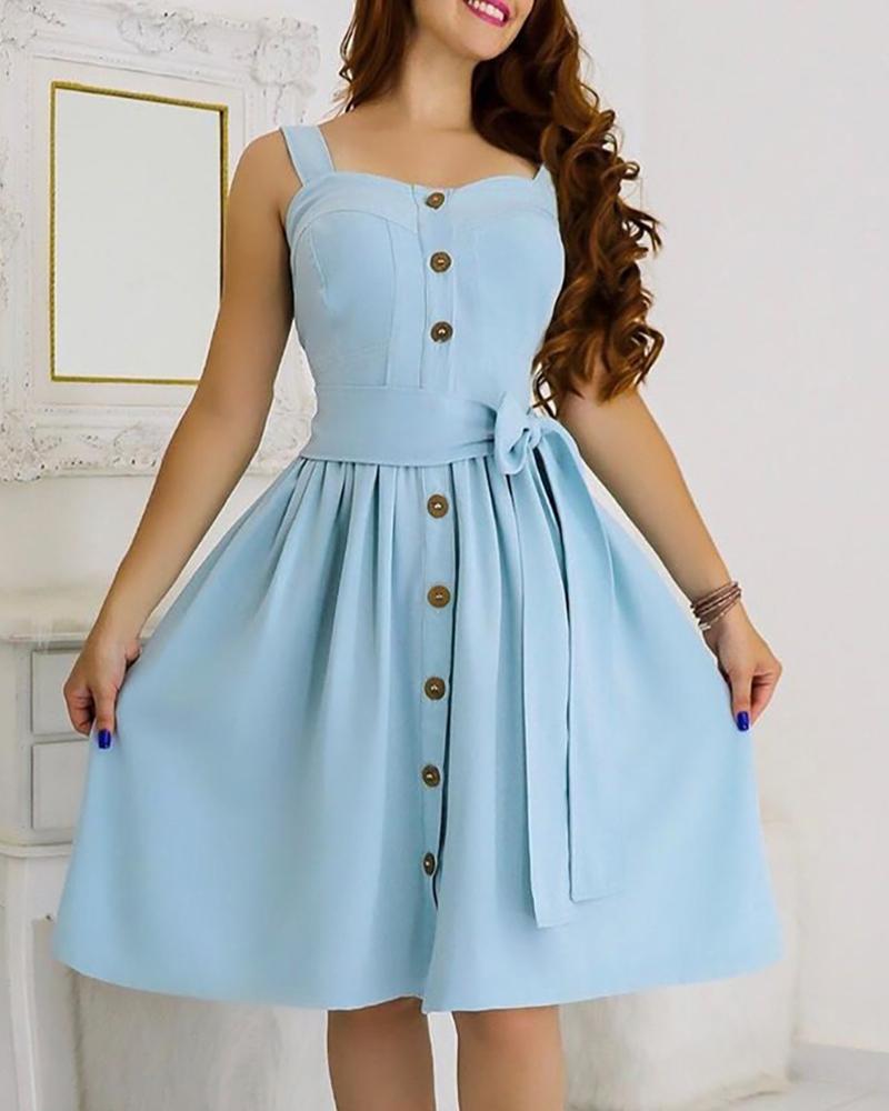

Ruched Button Design Thick Strap Dress, Blue