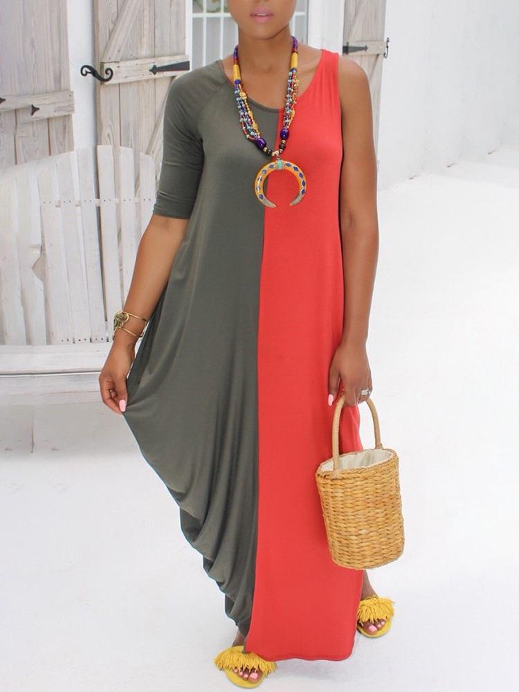 

Contrast Color One Sleeve Casual Maxi Dress