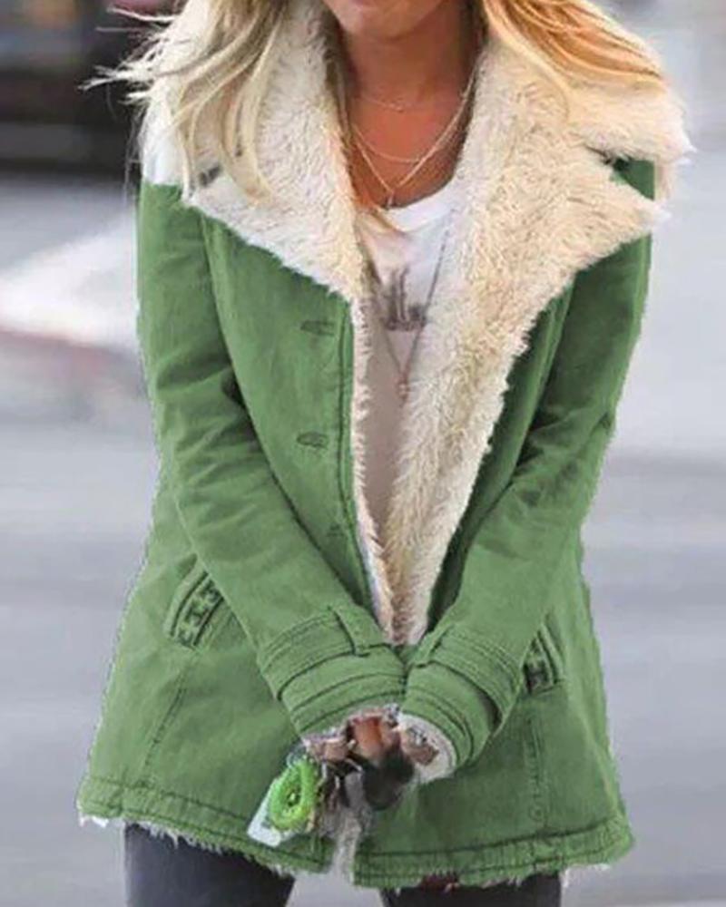 

Button Pocket Design Fluffy Super Thick Denim Coat, Green