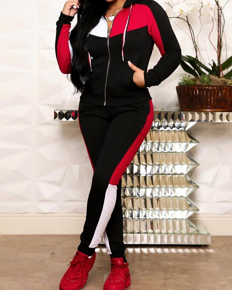 

Colorblock Hooded Zipper Jacket & Pants Set, Black