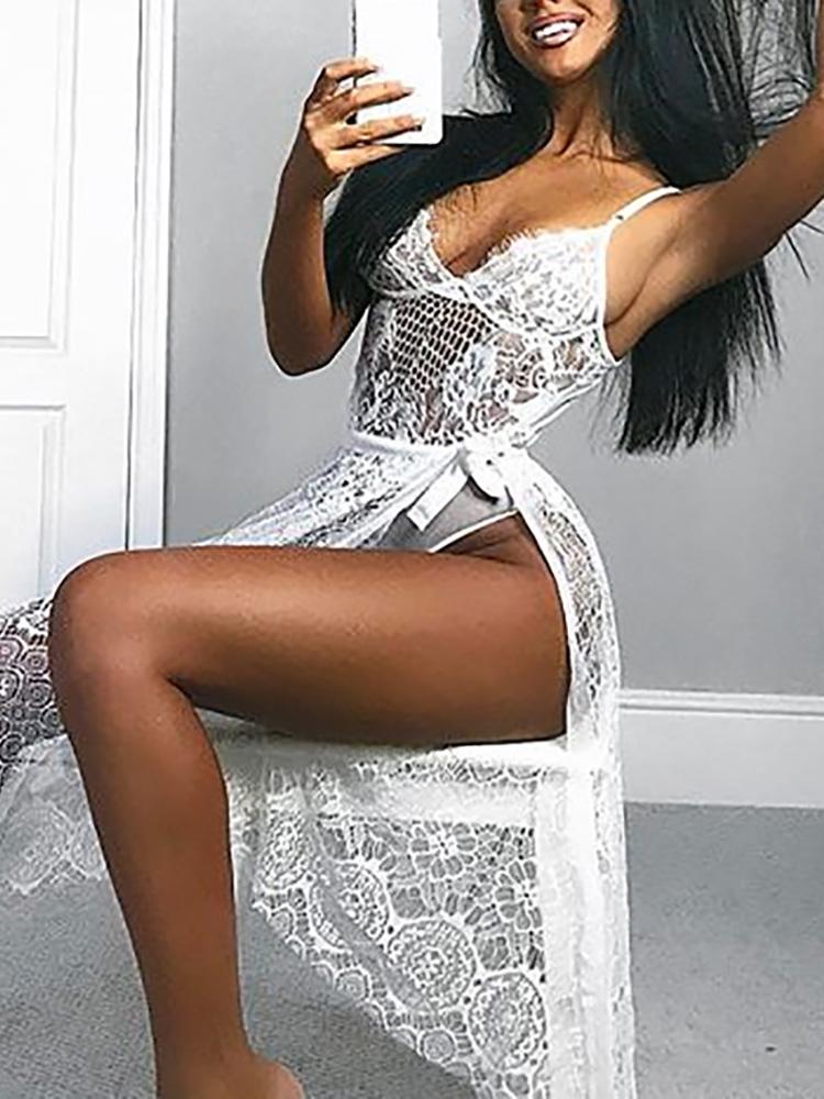

Sexy Sheer Eyelash Lace Belted Dress, White