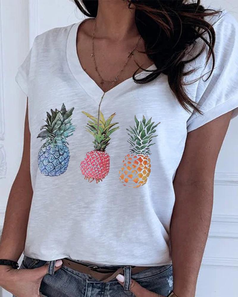 

V Neck Pineapple Print Casual T-shirt, White