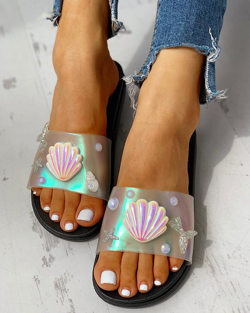 

Open Toe PVC Bell Eembellished Casual Slipper, Black