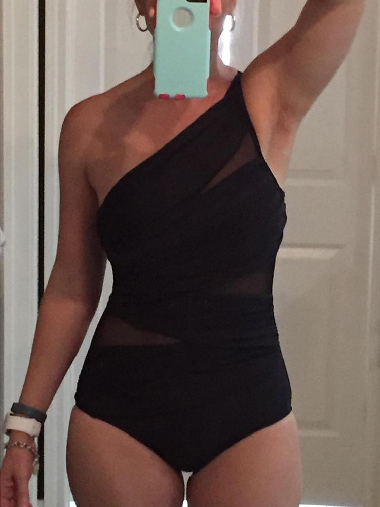 

One Shoulder Mesh Insert One-Piece Swimsuit, Black