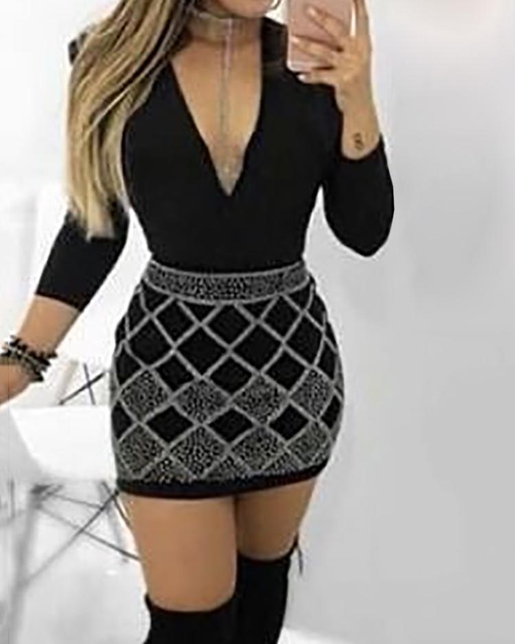 

Dot Print Deep V Long Sleeve Bodycon Dress, Black