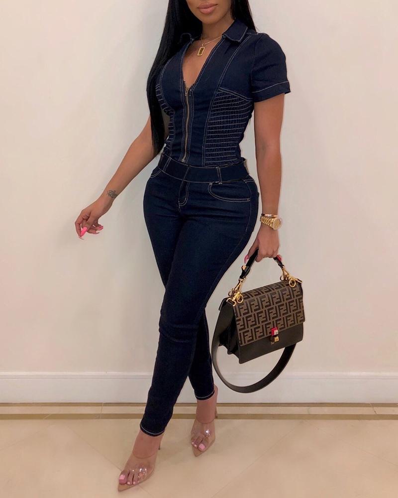 

V-neck Short Sleeve Denim Jumpsuit, Dark blue