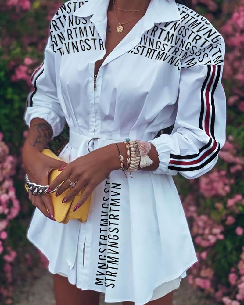 

Letter Print Ruched Long Sleeve Shirt Dress, White