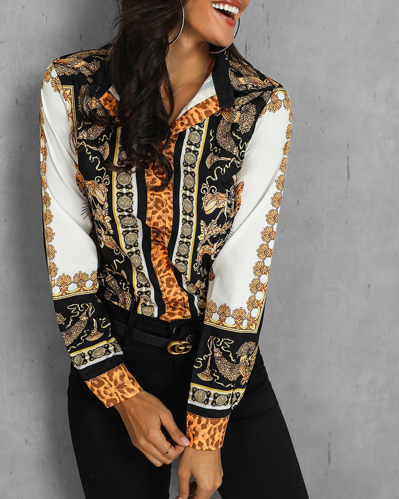 

Long Sleeve Scarf Print Casual Blouse, Black