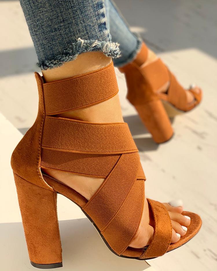 

Bandage Crisscross Chunky Heeled Sandals, Brown