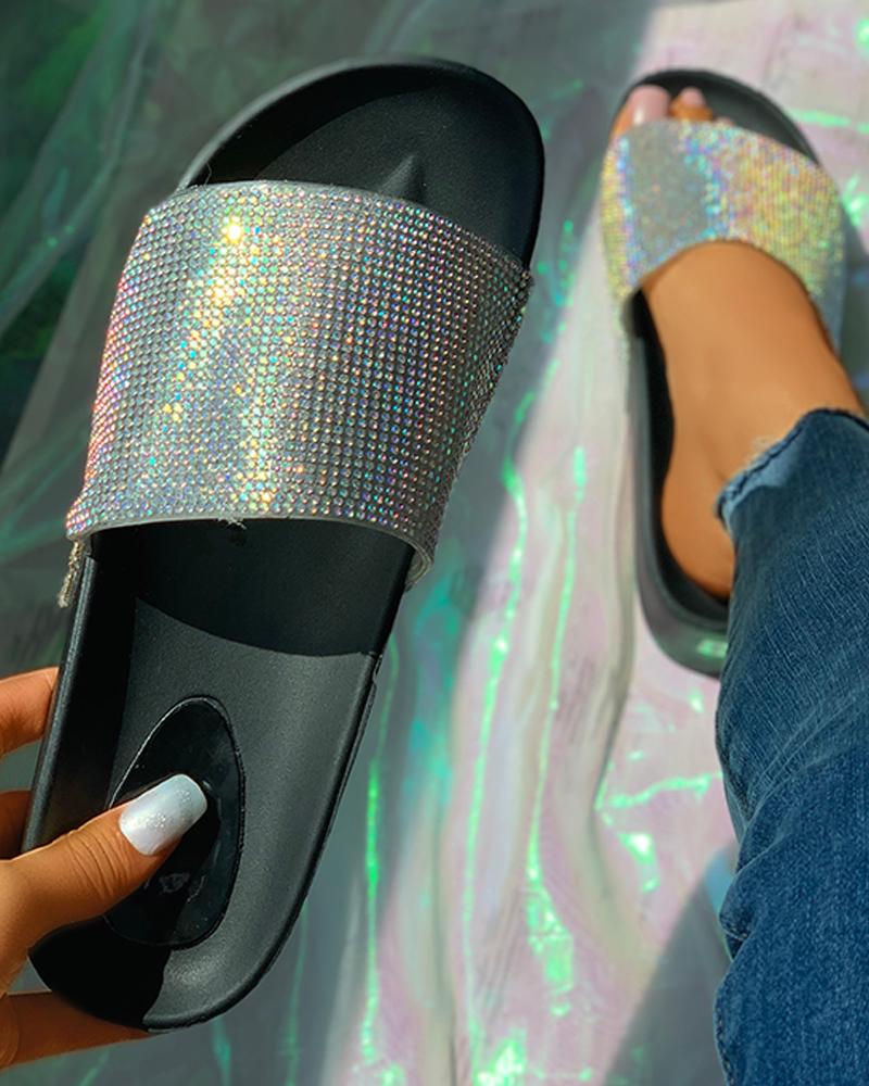 

Rhinestone Peep Toe Flatform Heeled Sandals, Black