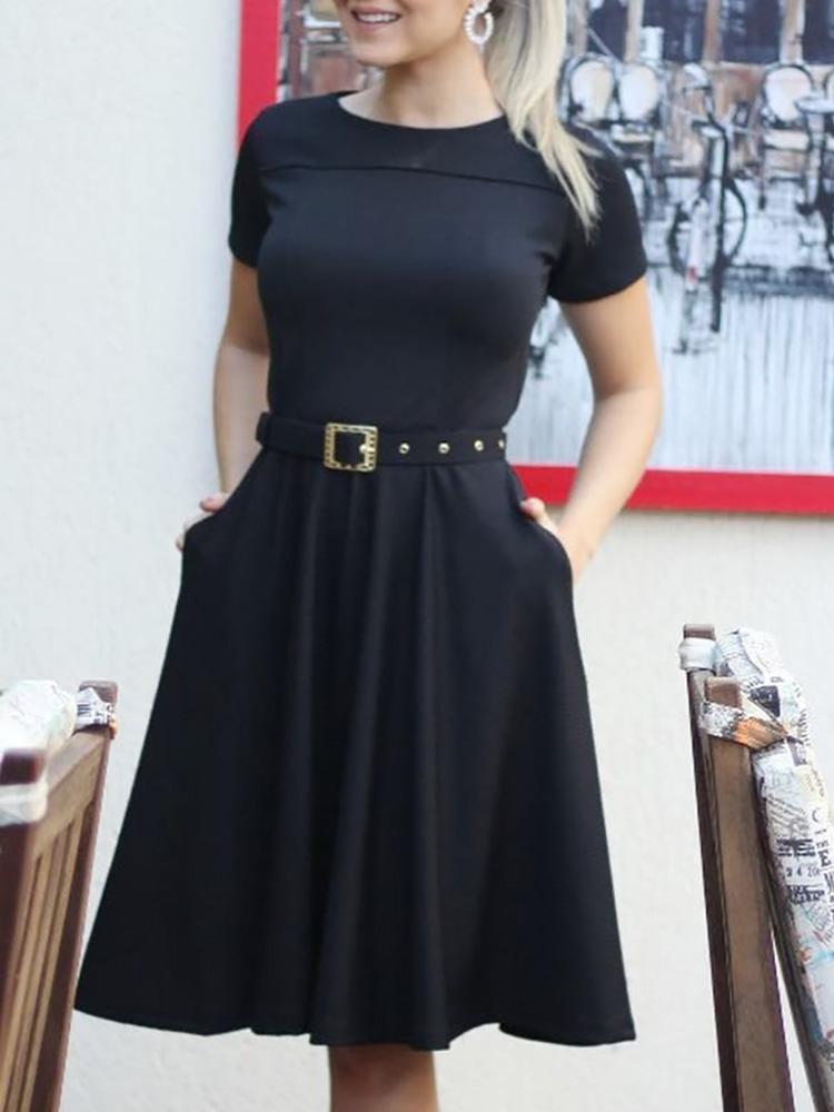 

Solid Short Sleeve Pleated Casual Dress, Black