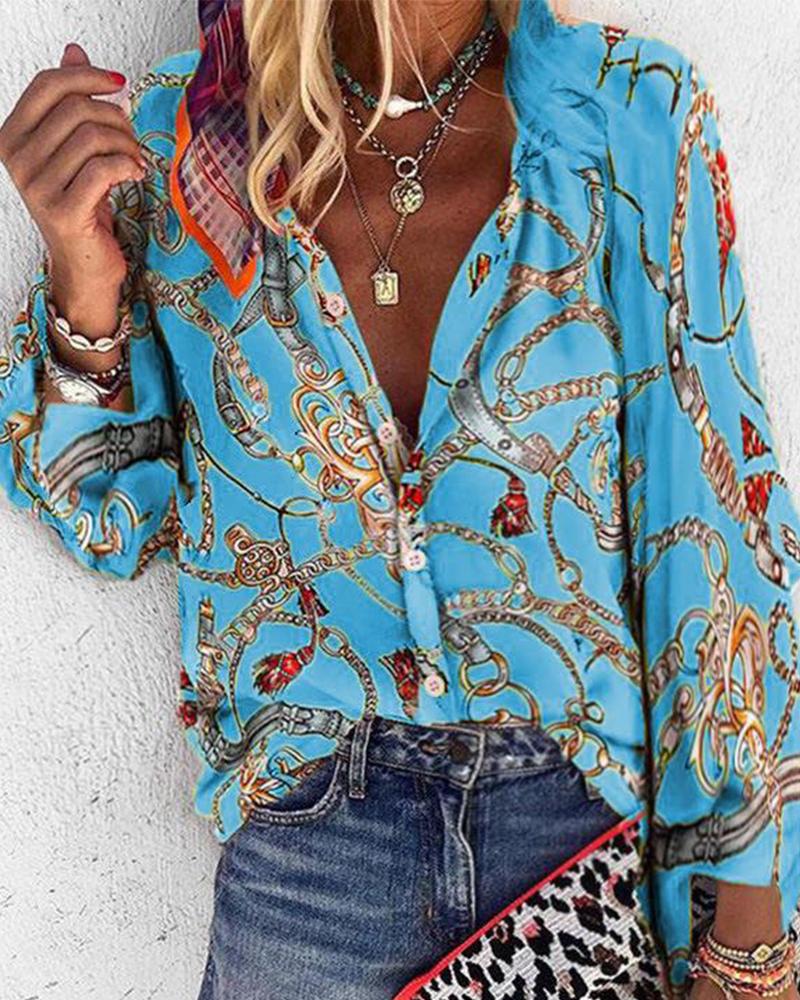 

Chains Print Long Sleeve Blouse, Blue