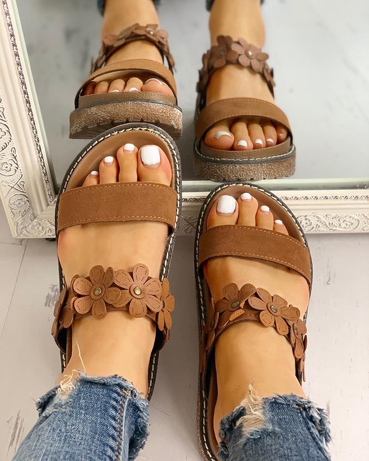 

Floral Embellished Open Toe Flat Sandals, Brown