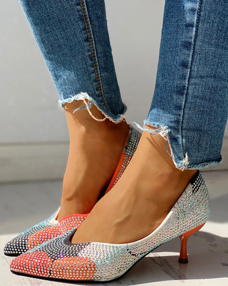 

Diamante Trim Casual Thin Heels, Orange