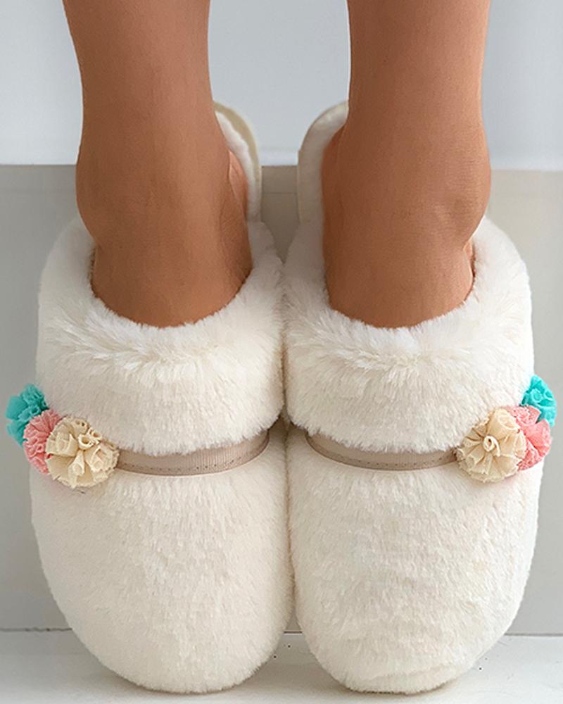 

Floral Pattern Fluffy Slippers, Beige