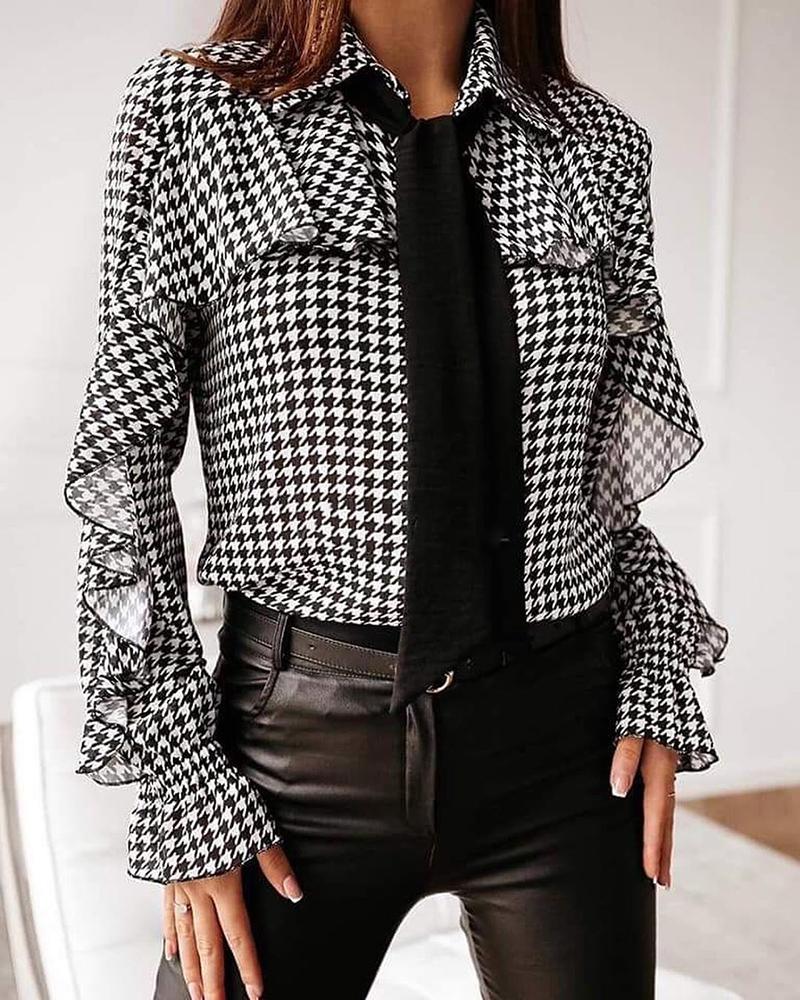 

Houndstooth Ruffles Sleeve Casual Blouse, Black
