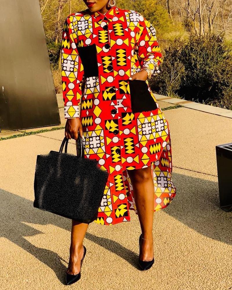 

Colorblock Geometric Print Irregular Hem Shirt Dress, Red