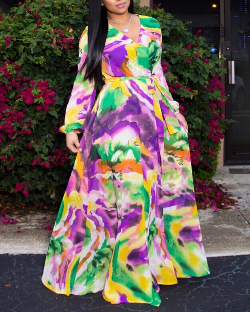 

Tie Dye Print V-Neck Wrap Maxi Dress, Purple