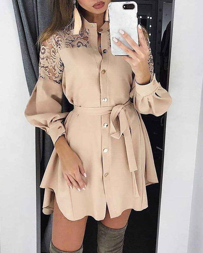 

Lace Insert Long Sleeve Shirt Dress, Nude