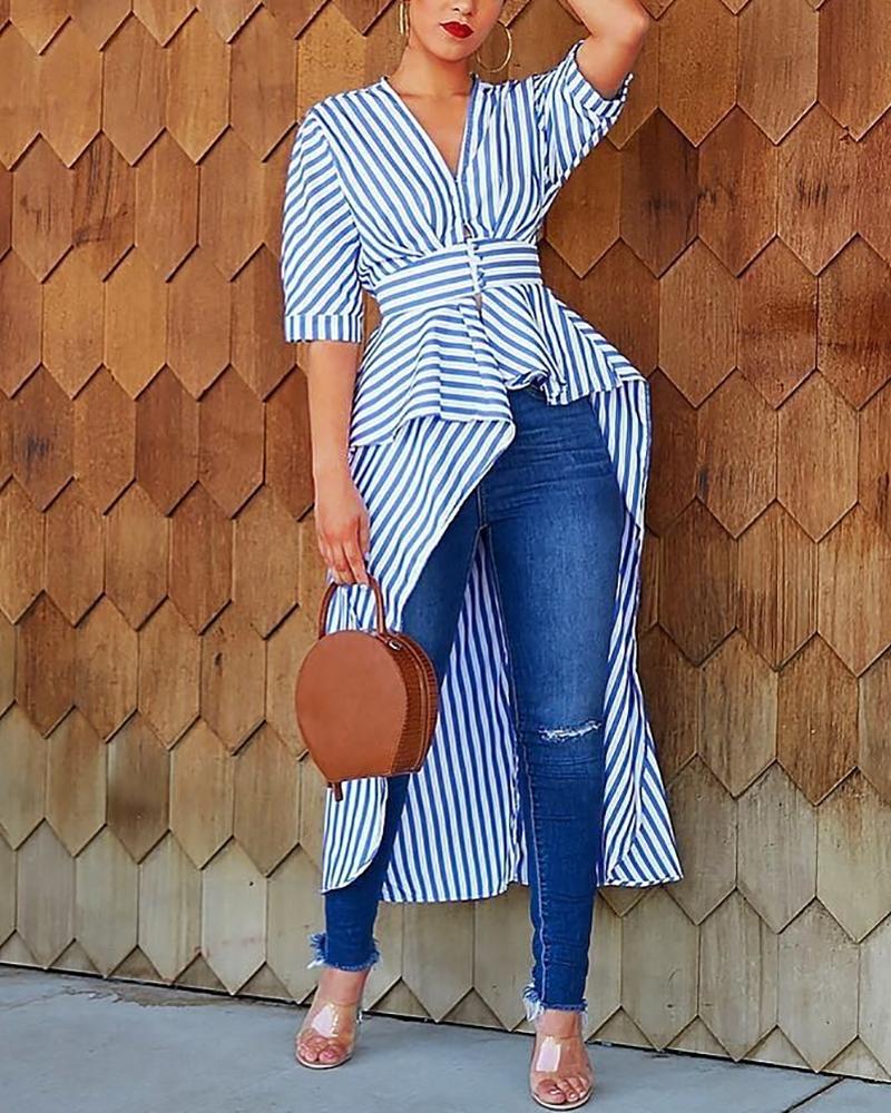 

Striped Irregular Shirt Top, Blue