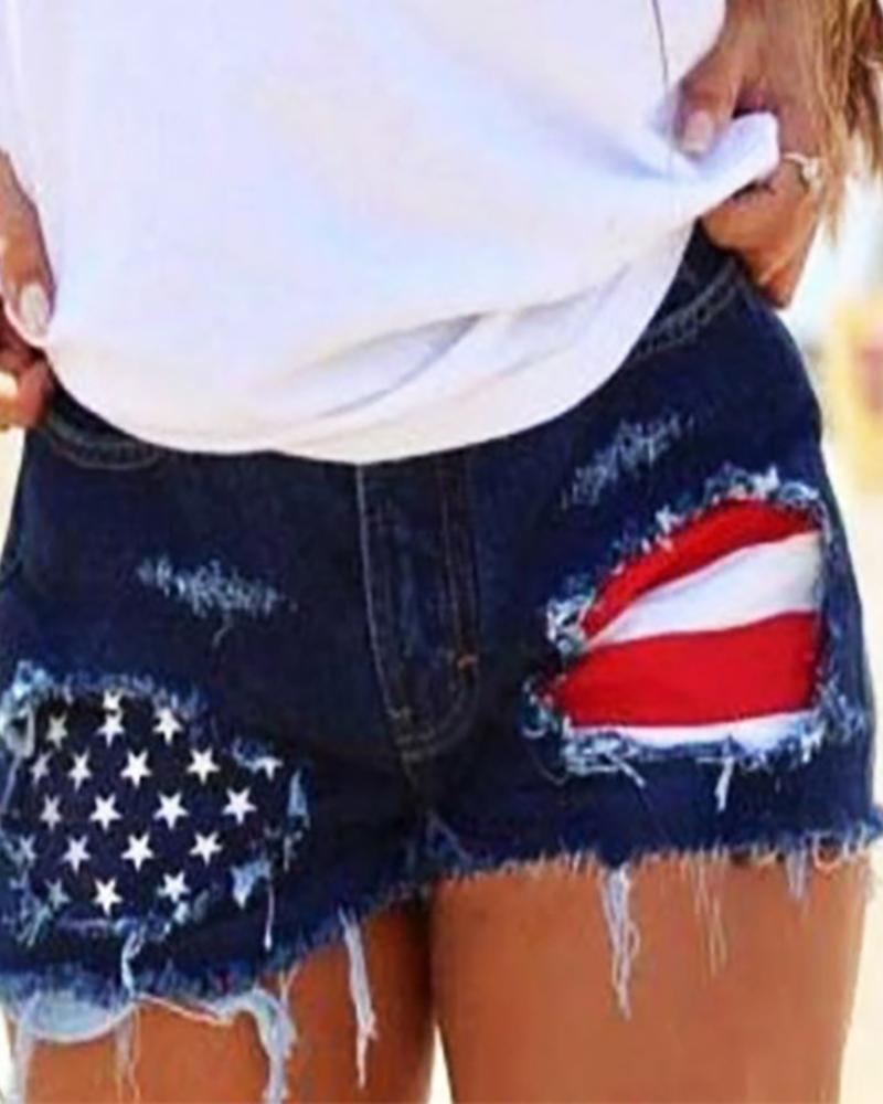 

Denim Flag Print Cutout Ripped Fringe Hem Denim Shorts, Dark blue