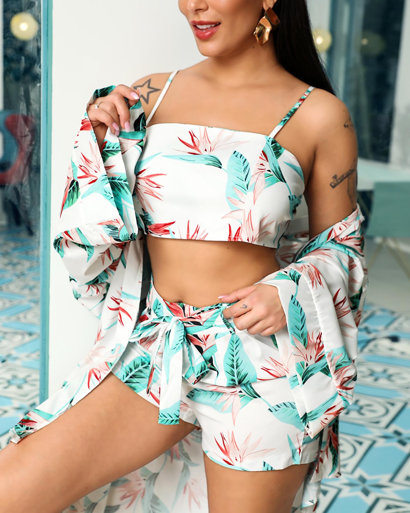 

Tropical Print Cami Top & Short & Cover Up sets, Multicolor