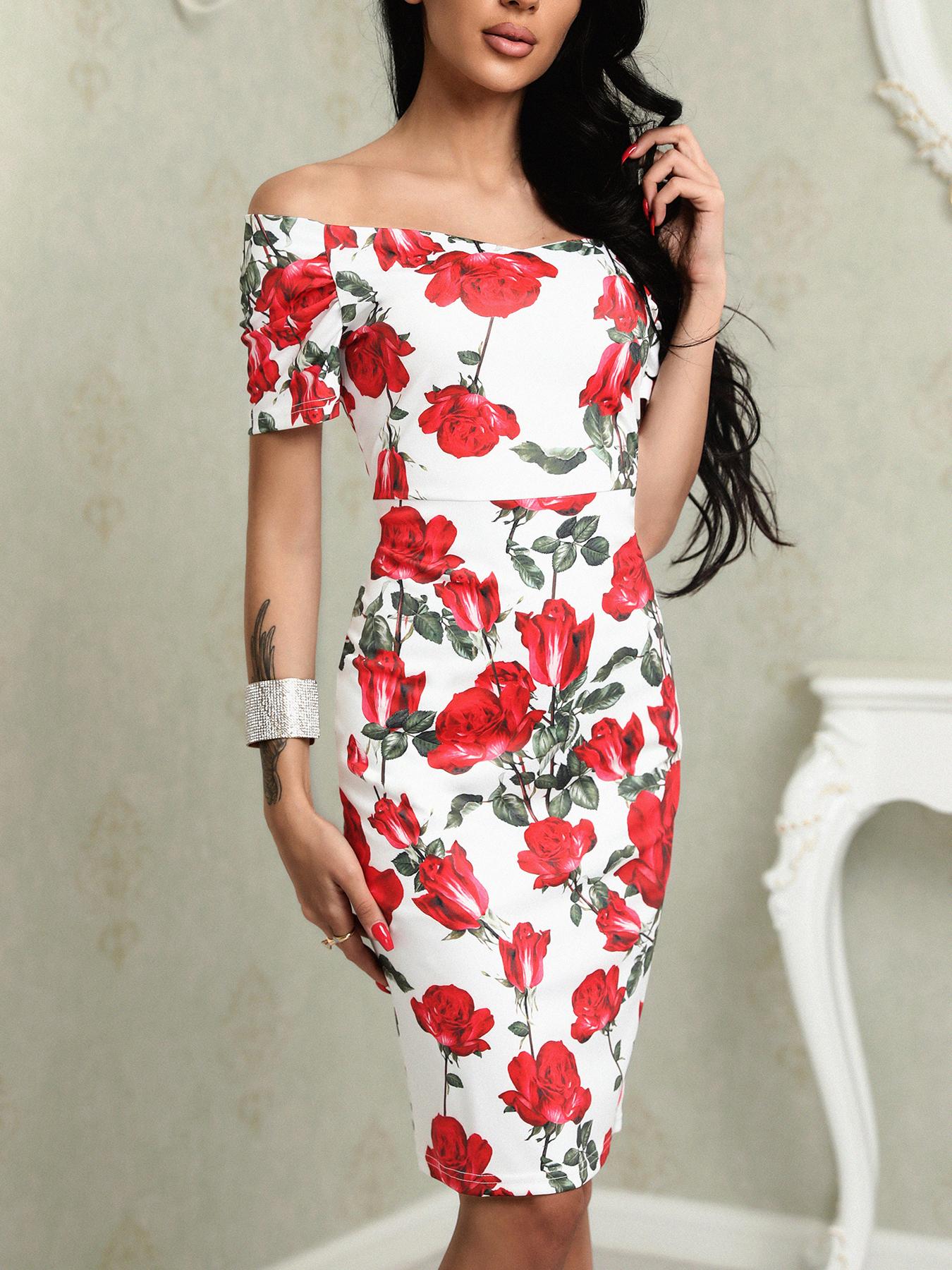 

Floral Off Shoulder Bodycon Midi Dress, White
