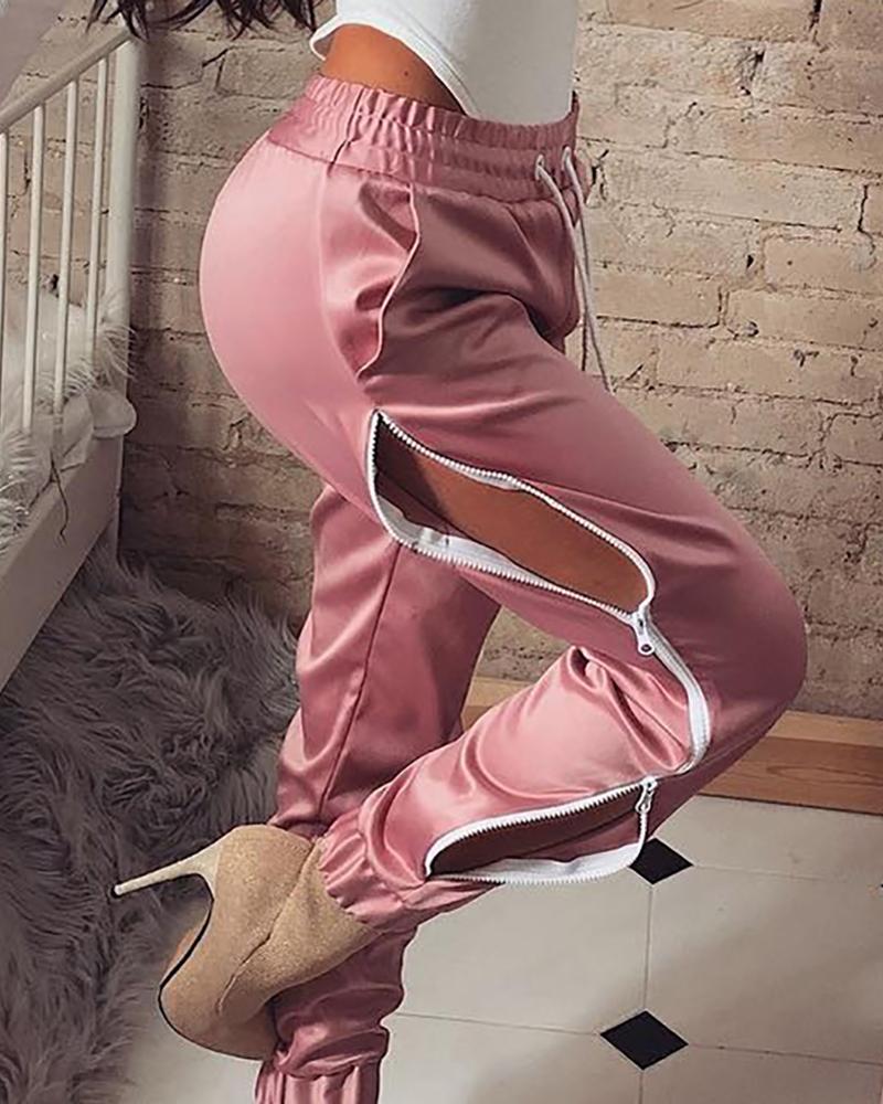 

Drawstring Zipper Slit Design Pants, Pink