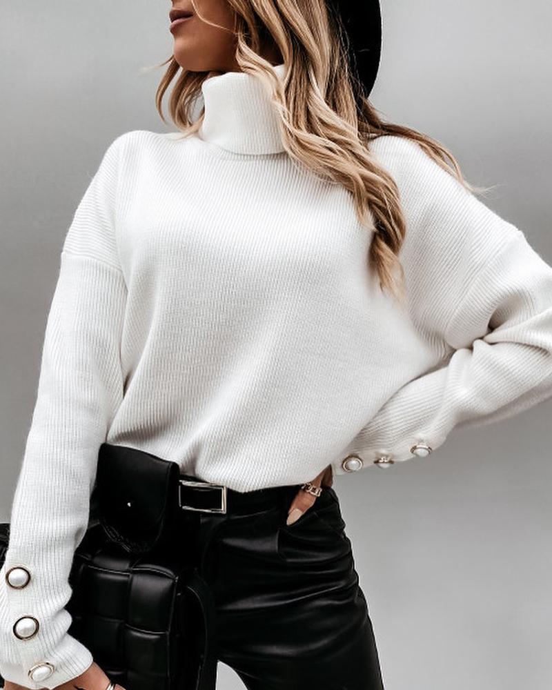 

High Neck Buttoned Long Sleeve Casual Sweater, White