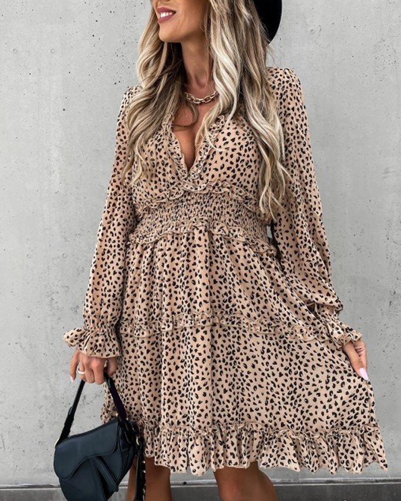 

Leopard Print Long Sleeve Doll Dress, Khaki