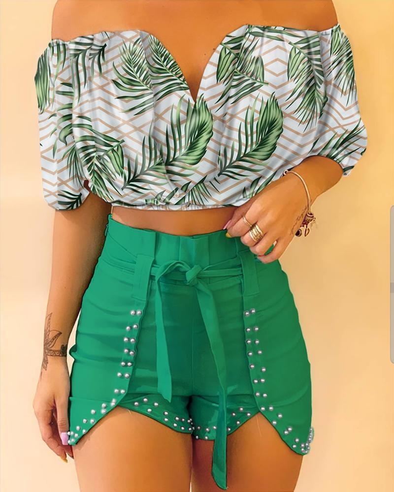 

Off Shoulder Leaf Print Striped Colorblock Top & Beaded Shorts Set, Multicolor