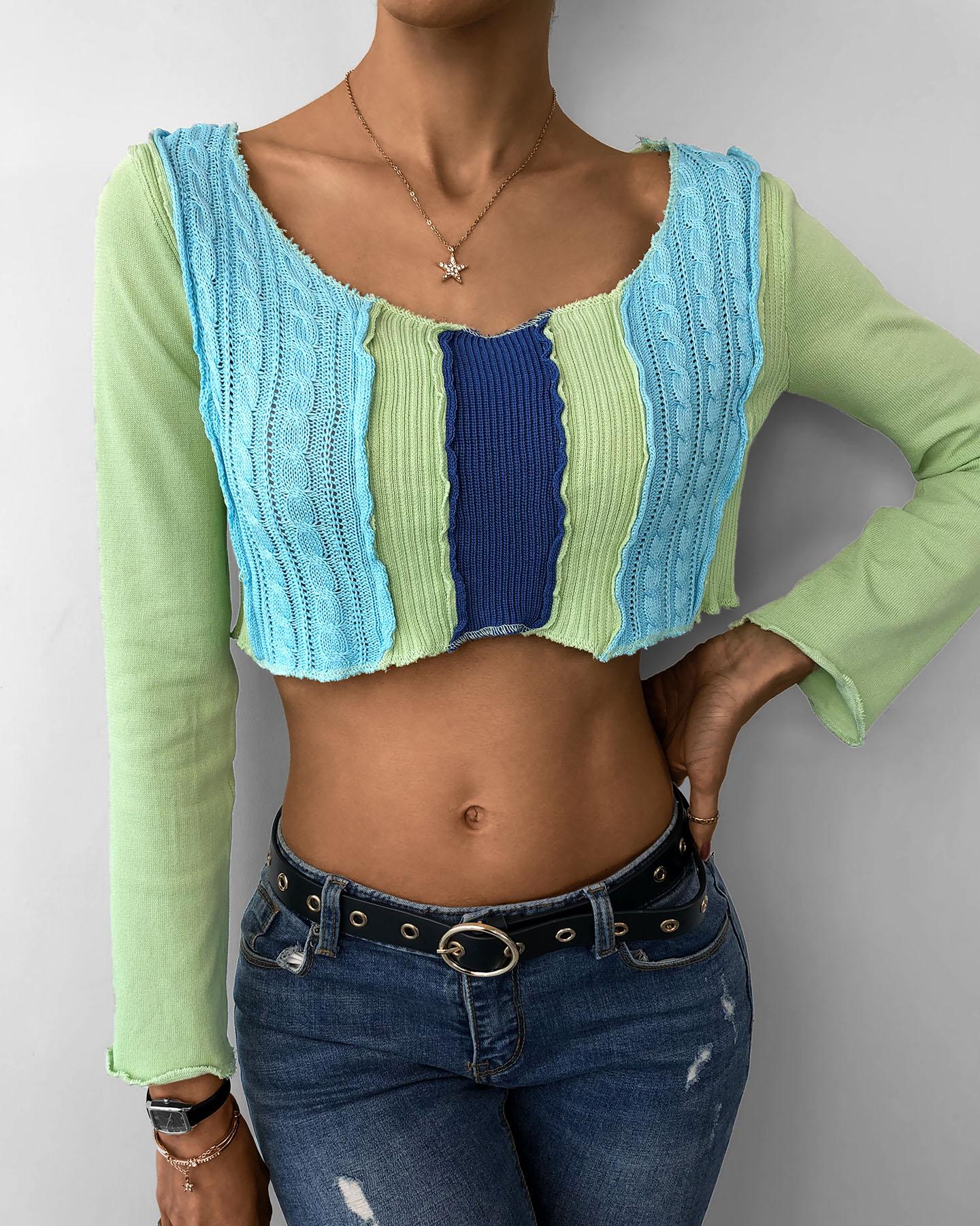 

Long Sleeve Casual Colorblock Knit Top, Green