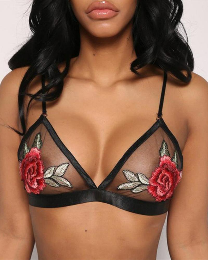 

Mesh See-through Floral Embroidery Spaghetti Strap Bra, Black