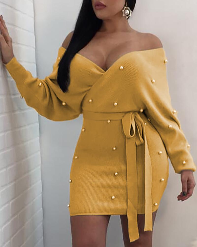 

V Neck Beaded Design Lantern Sleeve Bodycon Dress, Yellow