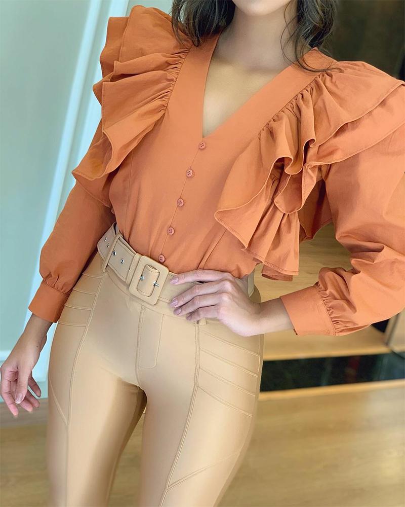 

Solid Ruffles Sleeve Loose Blouse, Orange