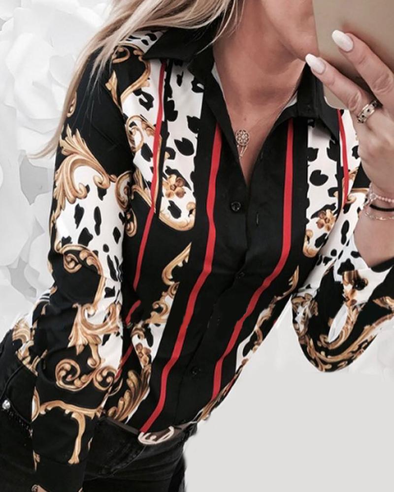 

Retro Print Button Design Long Sleeve Shirt, Black