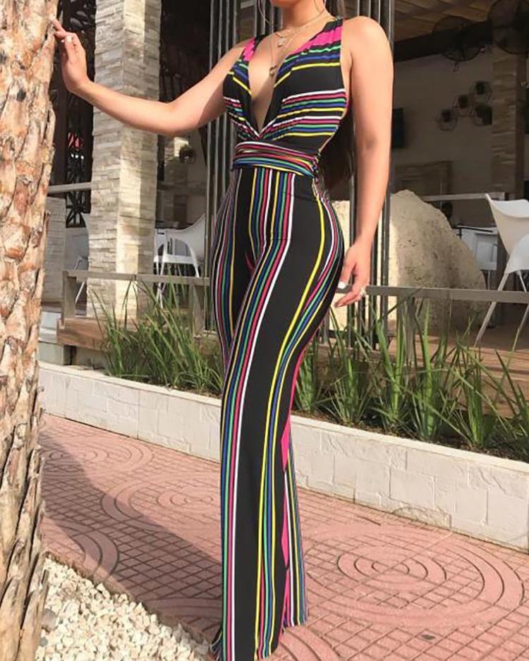 

Multicolor Striped Crisscross Open Back Jumpsuit