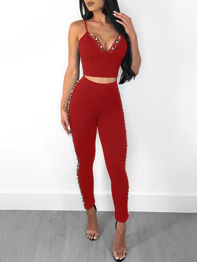 

Beaded Embellished Cami Top & Slinky Pants Set, Red