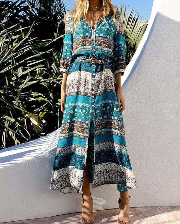 

Ethnic Print Button Through Maxi Dress, Green