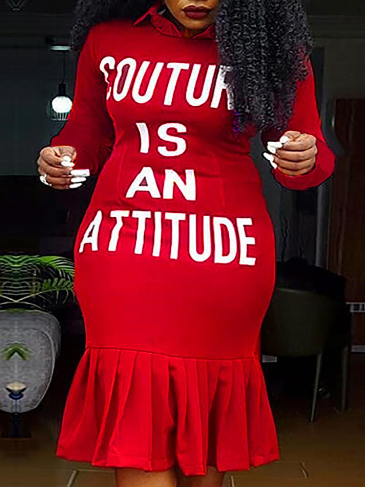 

Letter Print Pleated Hem Bodycon Dress, Red