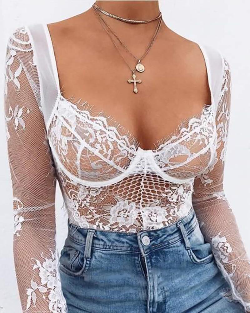 

Eyelash Crochet Lace Hollow Out Bodysuit, White